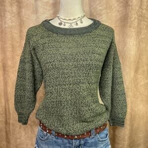 Vintage 70s Hush Khaki Green Sweater Knit 3/4 Sleeve Round Neck Grunge Academia